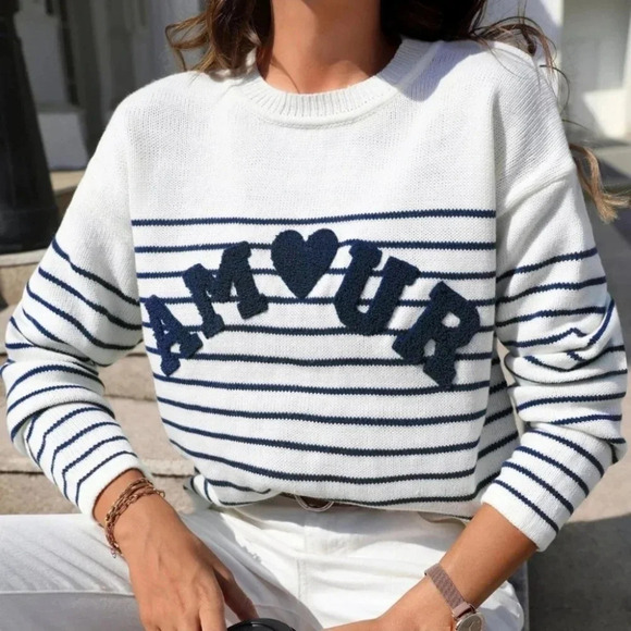 Striped & Letter Pattern Sweater - Picture 1 of 4